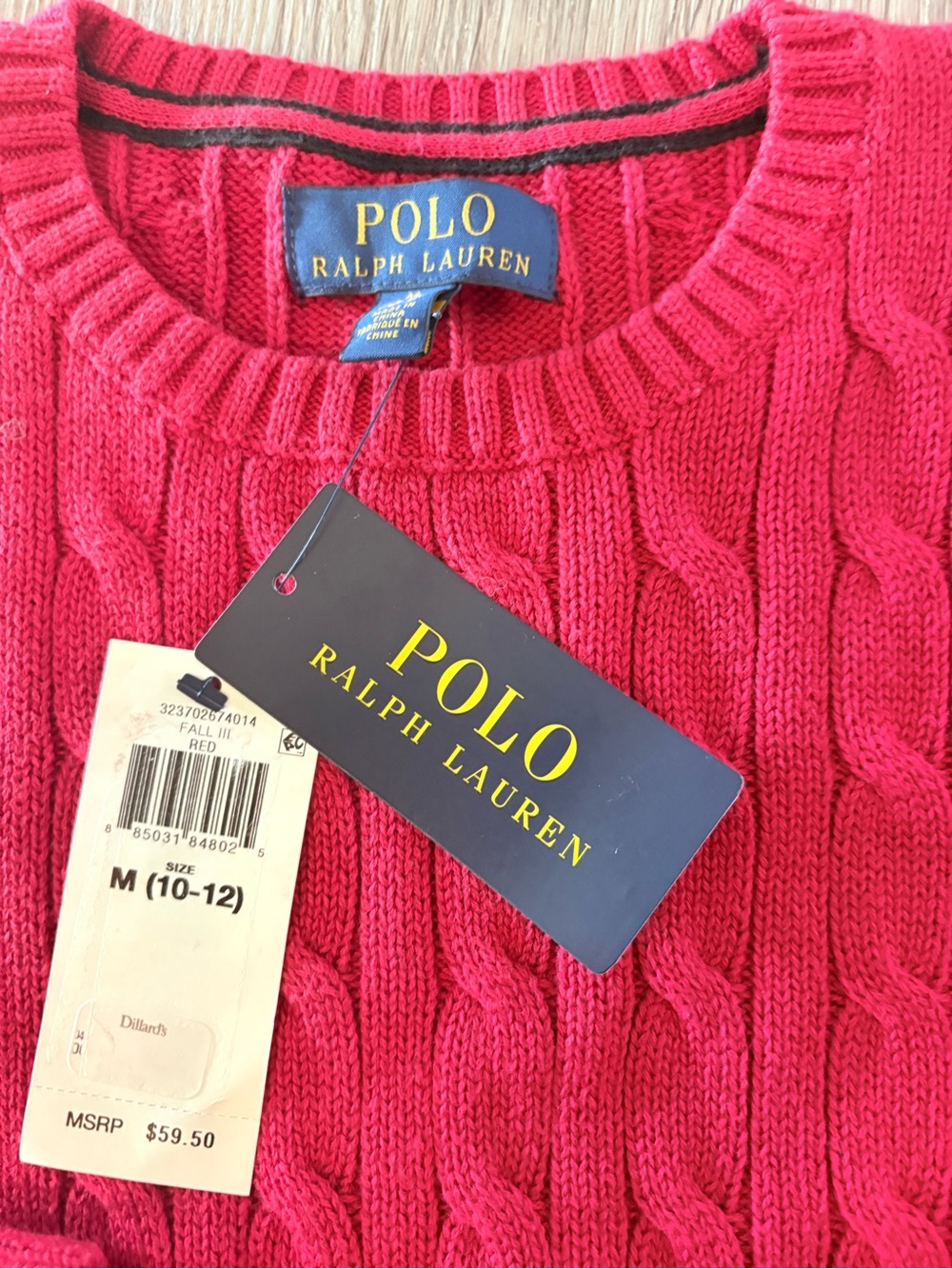 Boy's Polo Ralph Lauren SOLID RED COTTON CABLE Knit Sweater Boys 10-12 NAVY PONY - Picture 3 of 4